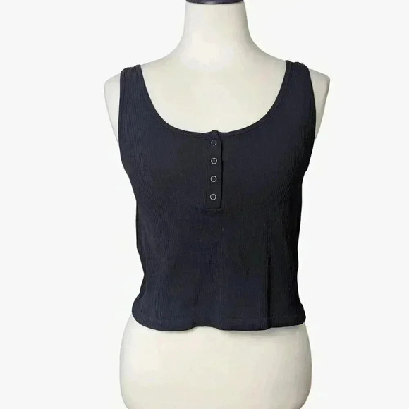 Aeropostale Womens Black Seamless Ribbed Cropped Tank Top Snap Buttons Size XL - Picture 1 of 5